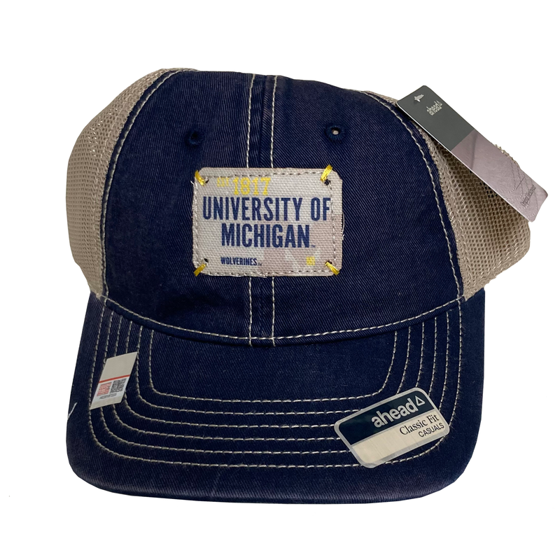 Michigan Stained Twill Snap Closure Hat w/Printed Patch - Navy/Tan