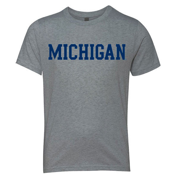 Basic Block University of Michigan Next Level Youth Triblend Short Sleeve T Shirt- Premium Heather