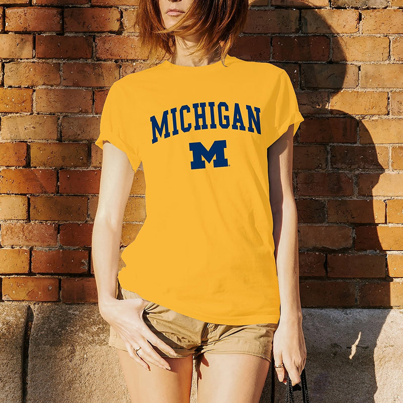 Arch Logo University of Michigan Basic Cotton Short Sleeve T Shirt - Gold