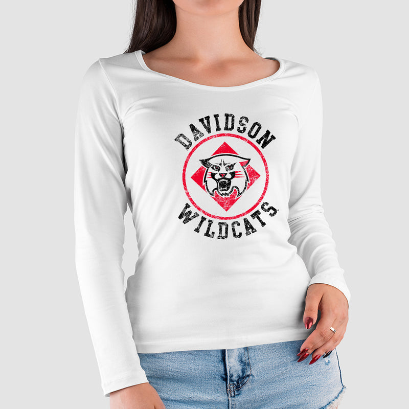 Davidson Wildcats Distressed Circle Logo Womens Long Sleeve Shirt - White