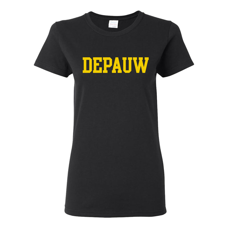 DePauw University Tigers Basic Block Womens Short Sleeve T Shirt - Black