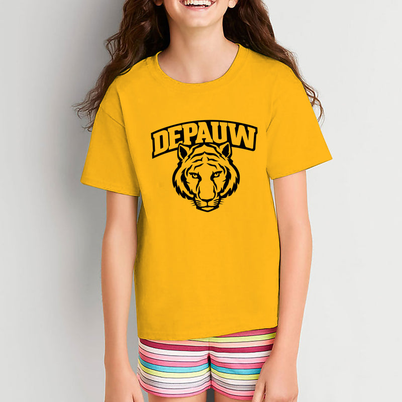 DePauw University Tigers Arch Logo Youth Short Sleeve T Shirt - Gold