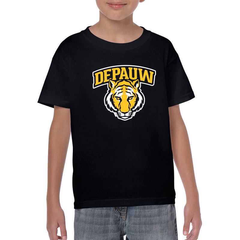 DePauw University Tigers Arch Logo Youth Short Sleeve T Shirt - Black