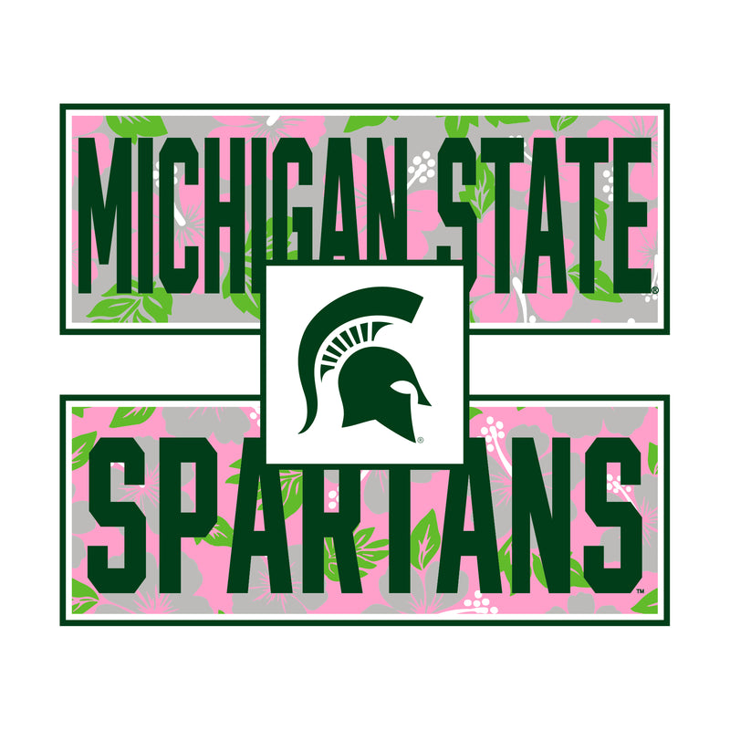 Michigan State University Spartans Hibiscus Pattern Blocks Basic Cotton Short Sleeve T Shirt - White