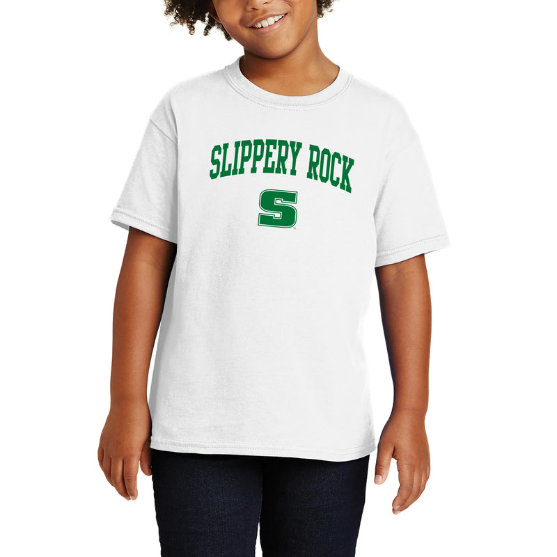 Slippery Rock University The Rock Arch Logo Short Sleeve Youth T Shirt - White