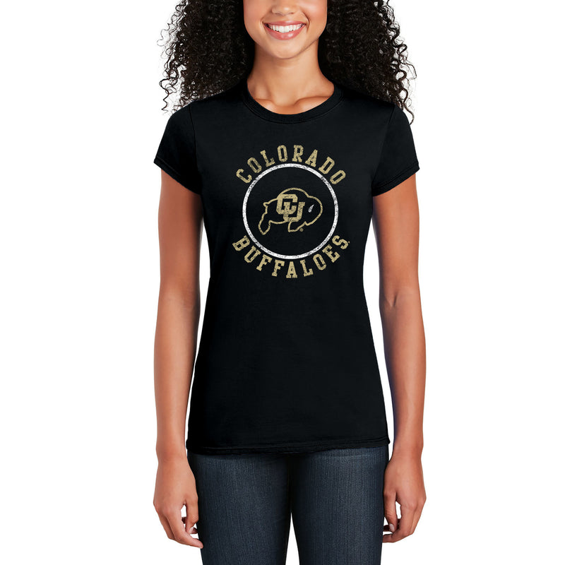 University of Colorado Buffaloes Distressed Circle Logo Womens T Shirt - Black
