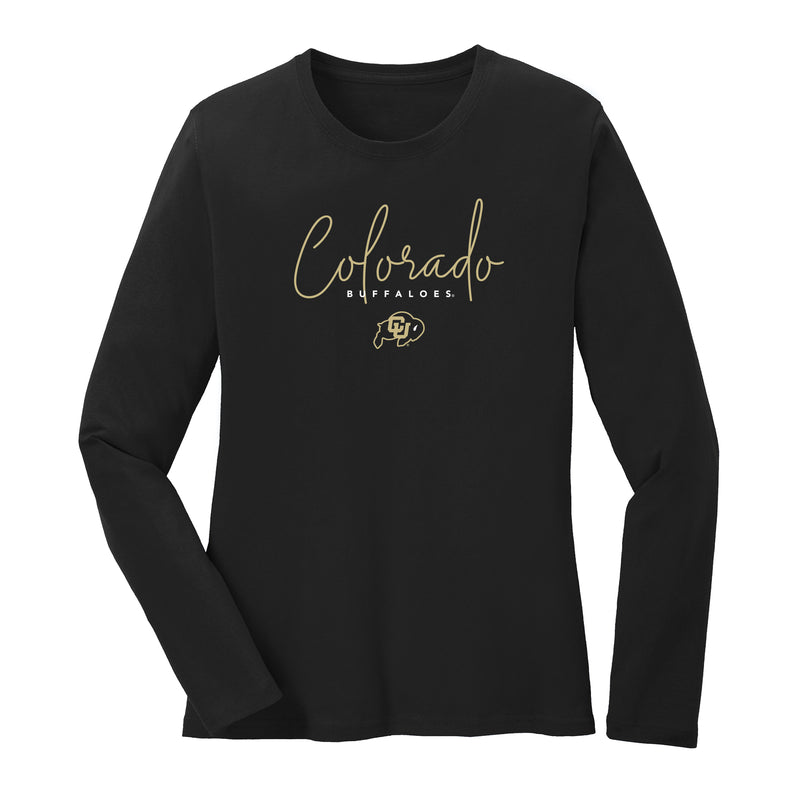 University of Colorado Buffaloes Thin Script Womens Long Sleeve T Shirt - Black