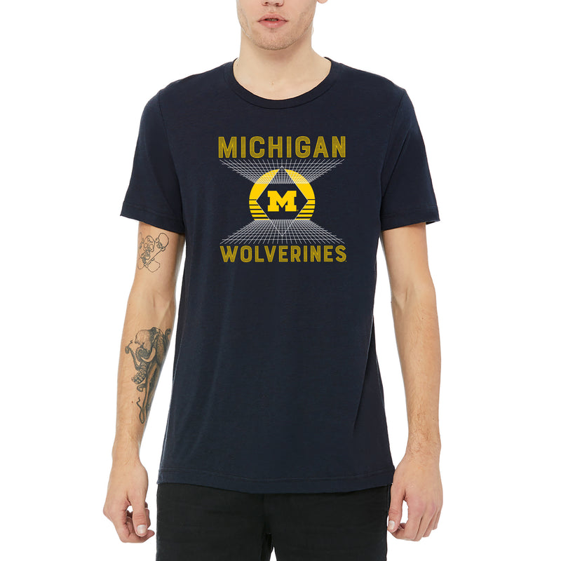 Michigan Wolverines Vaporwave Grid Triblend T Shirt - Solid Navy