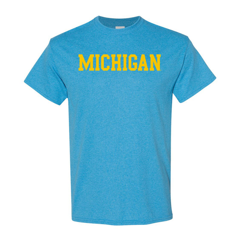 Michigan Basic Block Basic Short Sleeve T Shirt - Heather Sapphire w/ Maize Print