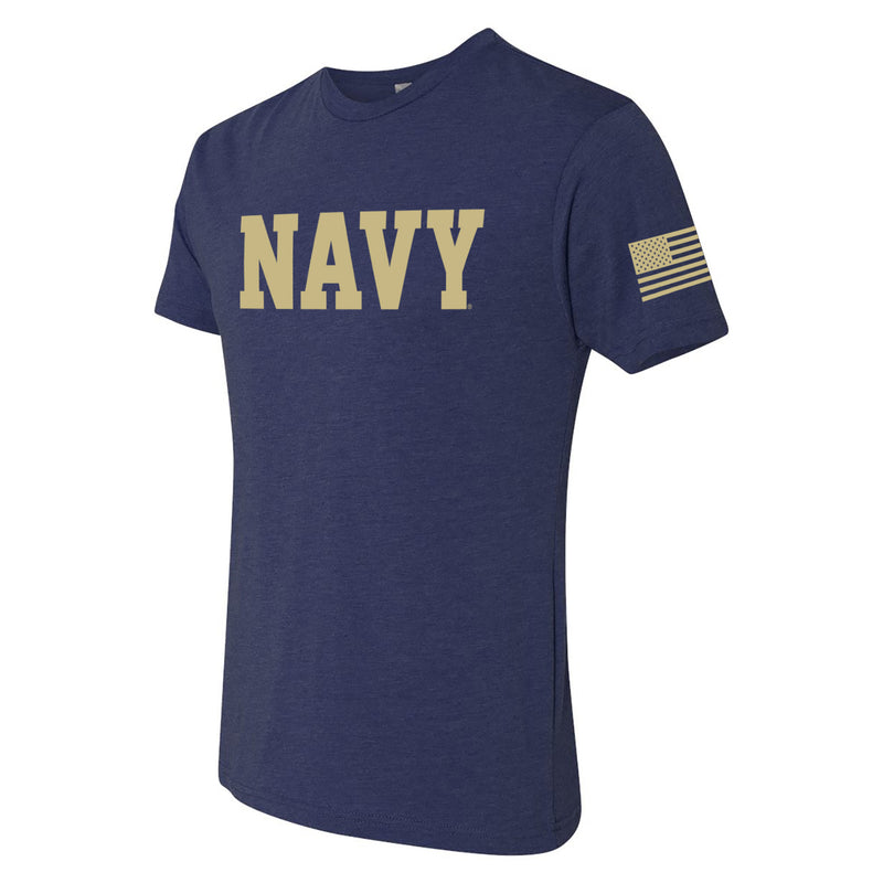 United States Naval Academy Midshipmen Block Navy Flag Sleeve Triblend Short Sleeve T-Shirt - Vintage Navy