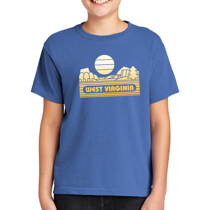 West Virginia Groovy Sunset Youth CC T-Shirt - Flo Blue