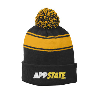 App State Wordmark Stripe Pom Pom Beanie - Black/Gold