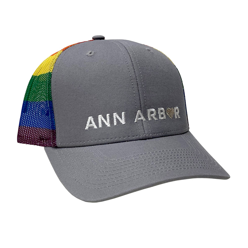 Ann Arbor Heart Pride Printed Mesh Trucker Cap - Grey/Rainbow