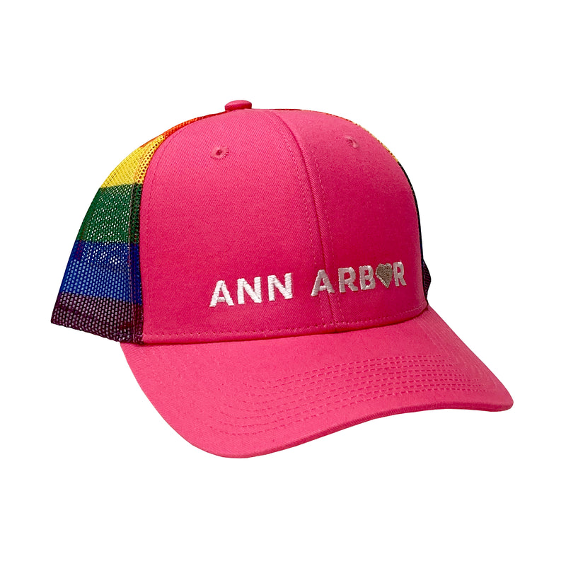 Ann Arbor Heart Pride Printed Mesh Trucker Cap - Hot Pink/Rainbow
