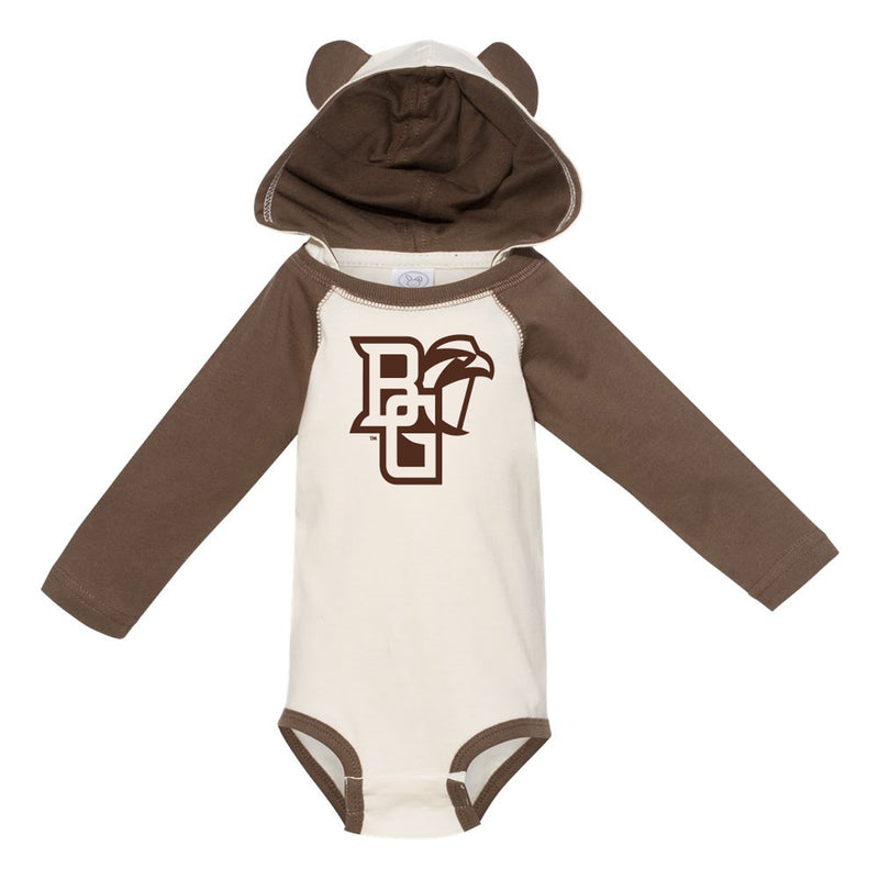 BGSU Primary Logo Infant Long Sleeve Bear Ears Creeper - Natural/Brown