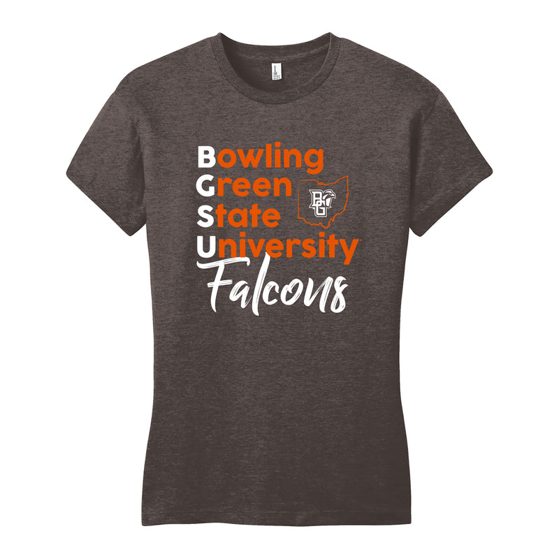 BGSU School Stack Womens Fitted T-Shirt - Heathered Brown