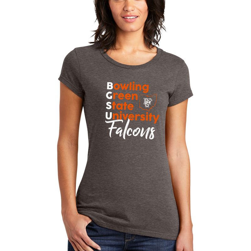 BGSU School Stack Womens Fitted T-Shirt - Heathered Brown