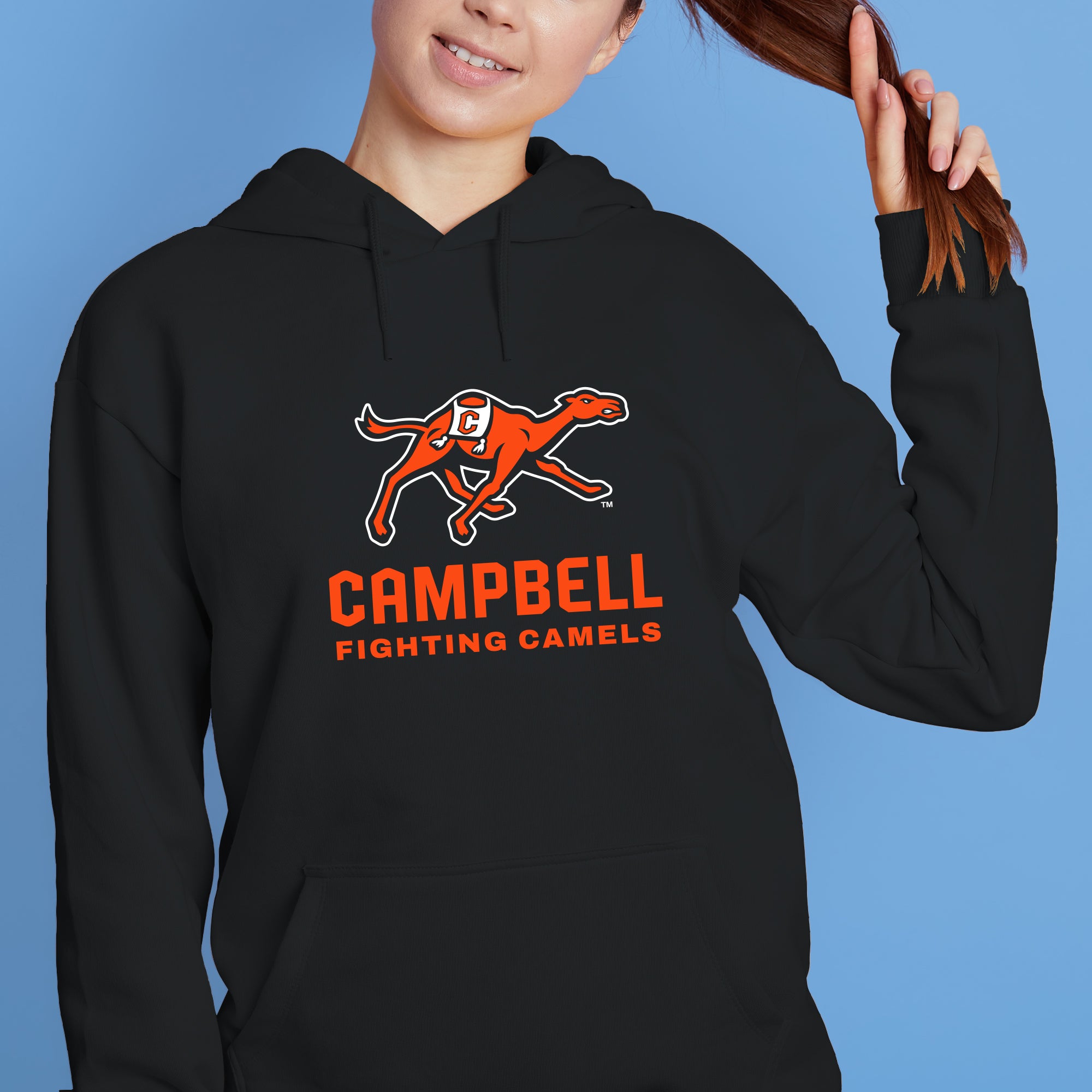 Campbell University Fighting Camels Primary Logo Heavy Cotton Blend Hoodie in Black | Size: Medium