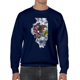 Illinois Distressed State Flag Outline Crewneck Sweatshirt - Navy