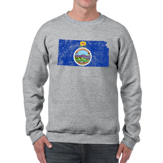 Kansas Distressed State Flag Outline Crewneck Sweatshirt - Sport Grey