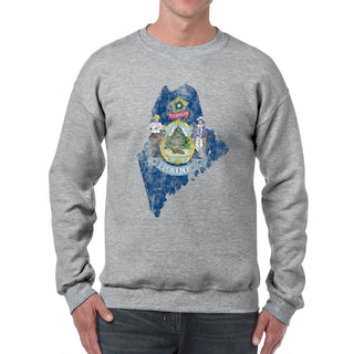 Maine Distressed State Flag Outline Crewneck Sweatshirt - Sport Grey
