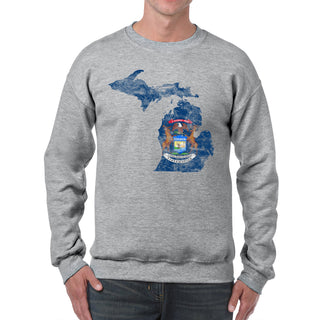 Michigan Distressed State Flag Outline Crewneck Sweatshirt - Sport Grey