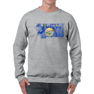 Montana Distressed State Flag Outline Crewneck Sweatshirt - Sport Grey