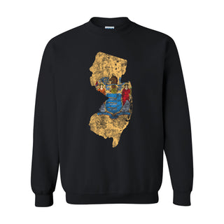 New Jersey Distressed State Flag Outline Crewneck Sweatshirt - Black