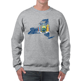 New York Distressed State Flag Outline Crewneck Sweatshirt - Sport Grey