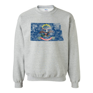 North Dakota Distressed State Flag Outline Crewneck Sweatshirt - Sport Grey