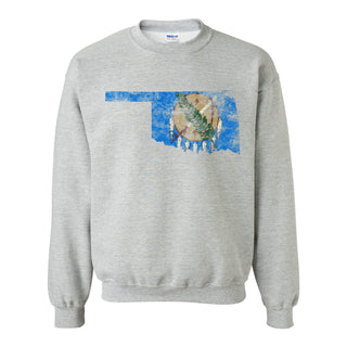Oklahoma Distressed State Flag Outline Crewneck Sweatshirt - Sport Grey