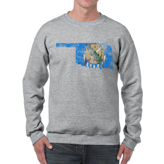 Oklahoma Distressed State Flag Outline Crewneck Sweatshirt - Sport Grey