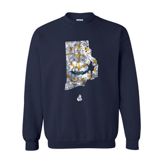 Rhode Island Distressed State Flag Outline Crewneck Sweatshirt - Navy