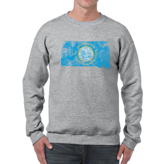 South Dakota Distressed State Flag Outline Crewneck Sweatshirt - Sport Grey