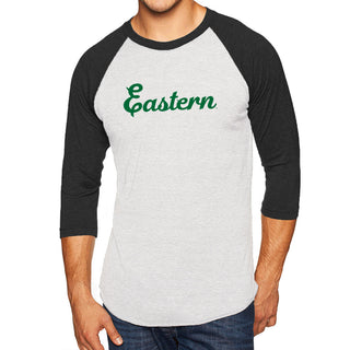 Eastern Michigan Script Logo Triblend 3/4 Sleeve Raglan - Heather White/Vintage Black