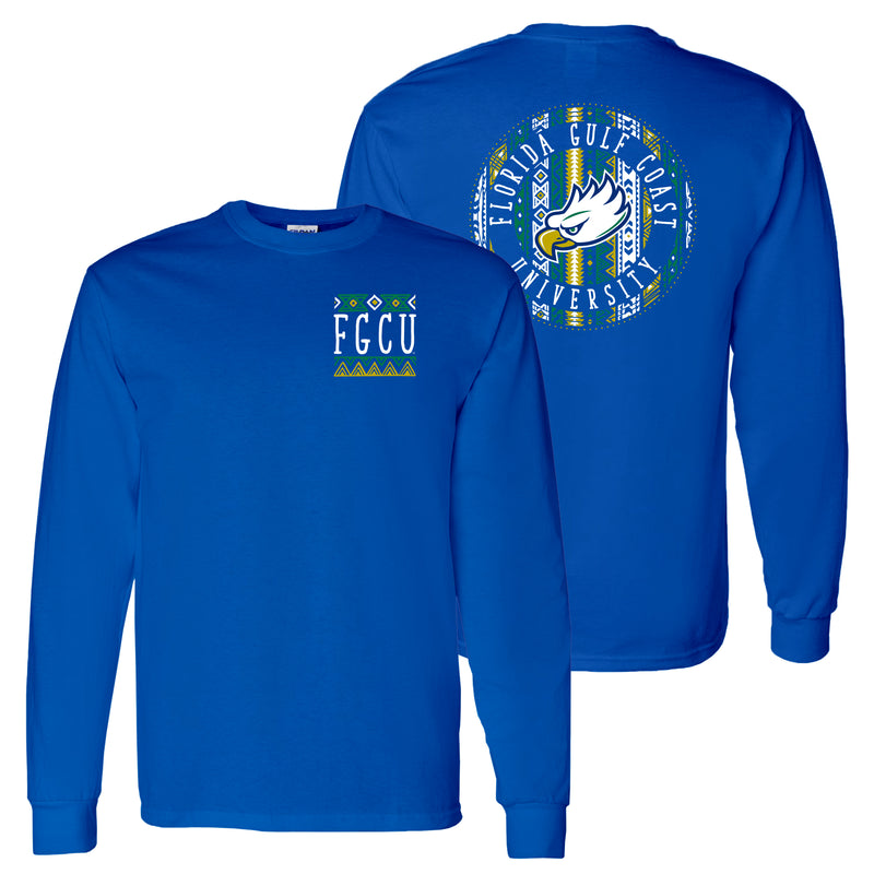 Florida Gulf Coast University Eagles Aztec Pattern Emblem Long Sleeve T Shirt - Royal
