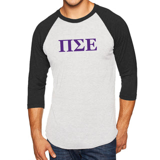 Pi Sigma Epsilon Greek Letter NLA 3/4 Sleeve Raglan T-Shirt - Heather White / Vintage Black