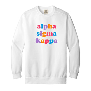 Alpha Sigma Kappa Greek Colorful Type Garment-Dyed Crewneck - White