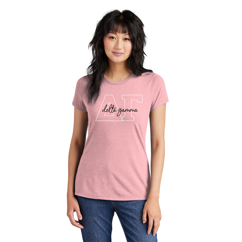 Delta Gamma Greek Outline Overlay Womens Triblend T-Shirt - Desert Pink