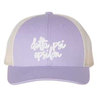 Delta Psi Epsilon Greek Script Low Profile Trucker Hat - Lilac/Birch