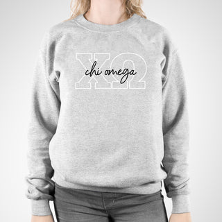 Chi Omega Greek Outline Overlay Crewneck Sweatshirt - Sport Grey