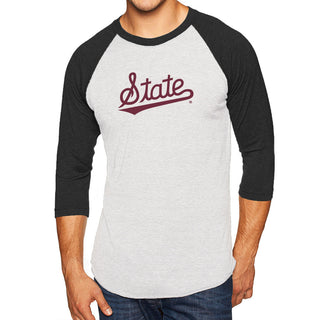 Mississippi State Script Logo NLA Triblend 3/4 Sleeve Raglan T-Shirt - Heather White / Vintage Black
