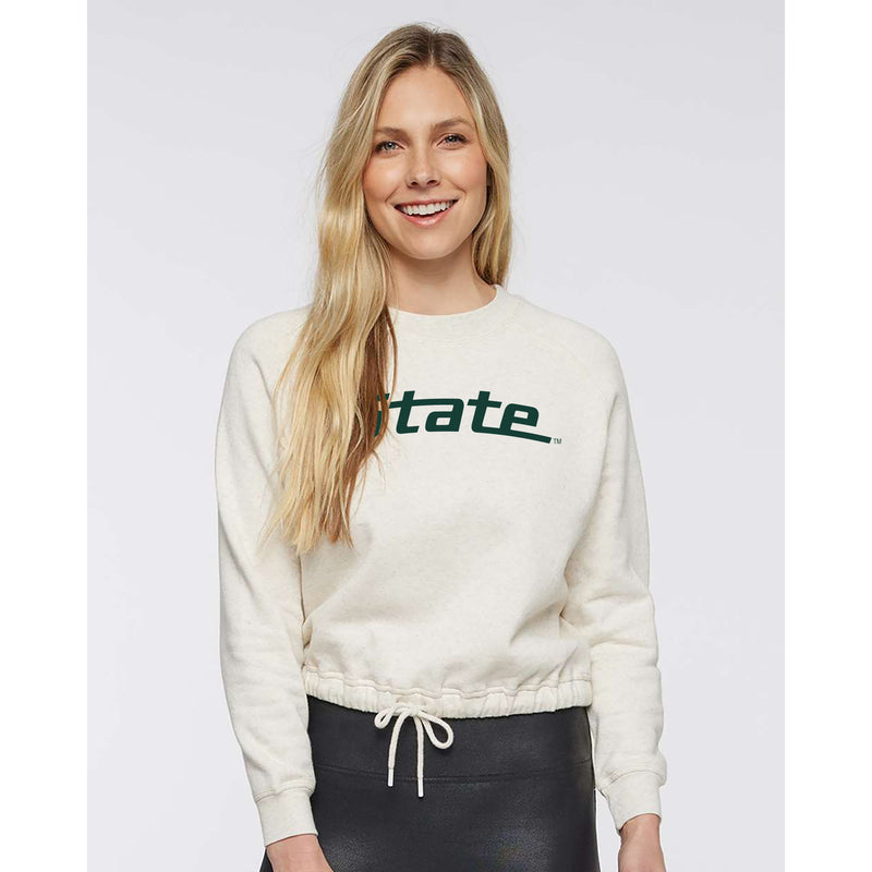 MSU State Wordmark Womens Cinched Boxy Crew - Natural Heather