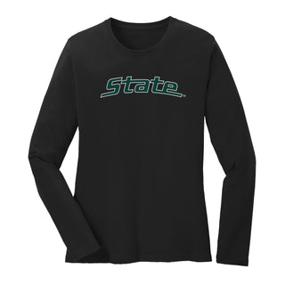 MSU State Wordmark Outline Womens Long Sleeve - Black