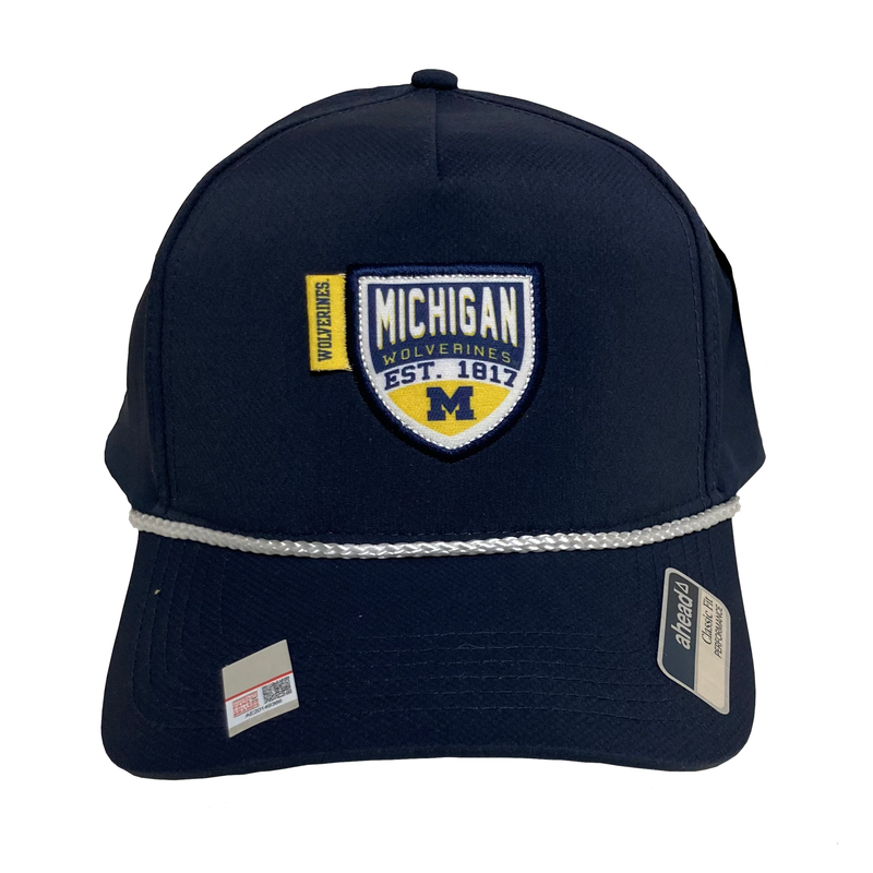 Michigan Snap Closure Hat w/Printed Vintage Label Tab and White Rope Accent - Navy