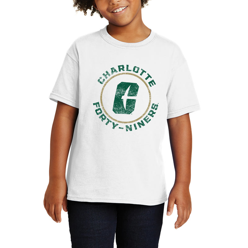UNC Charlotte Forty-Niners Distressed Circle Logo Youth Short Sleeve T Shirt - White