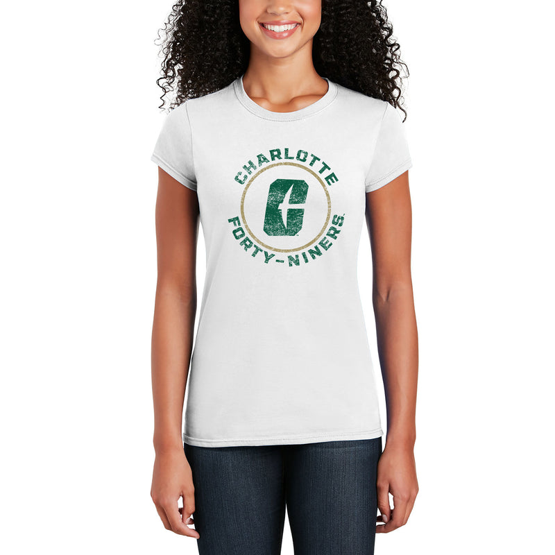UNC Charlotte Forty-Niners Distressed Circle Logo Womens Short Sleeve T Shirt - White