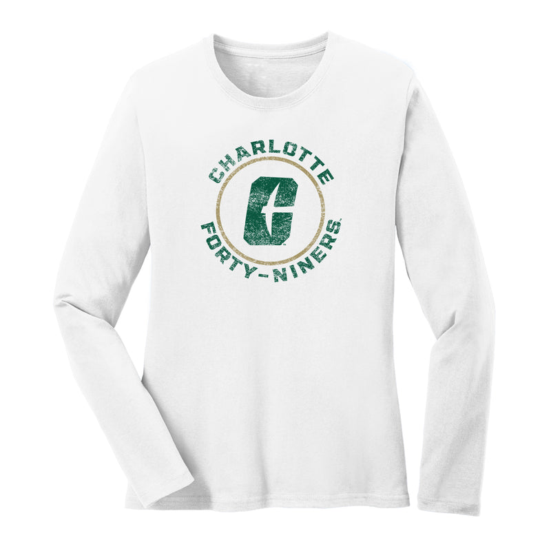 UNC Charlotte Forty-Niners Distressed Circle Logo Womens Long Sleeve T Shirt - White