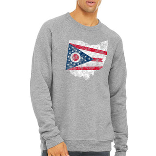 Ohio Distressed State Flag Outline Sponge Fleece Raglan Crewneck - Athletic Heather