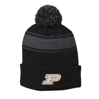 Purdue Stripe Pom Pom Beanie - Black/Iron Grey